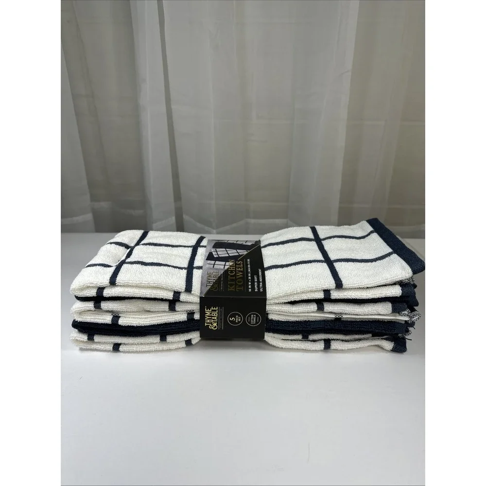 Thyme/Table Kitchen Towels Set 5 pcs Navy/White Super Soft Ultra Absorbent New